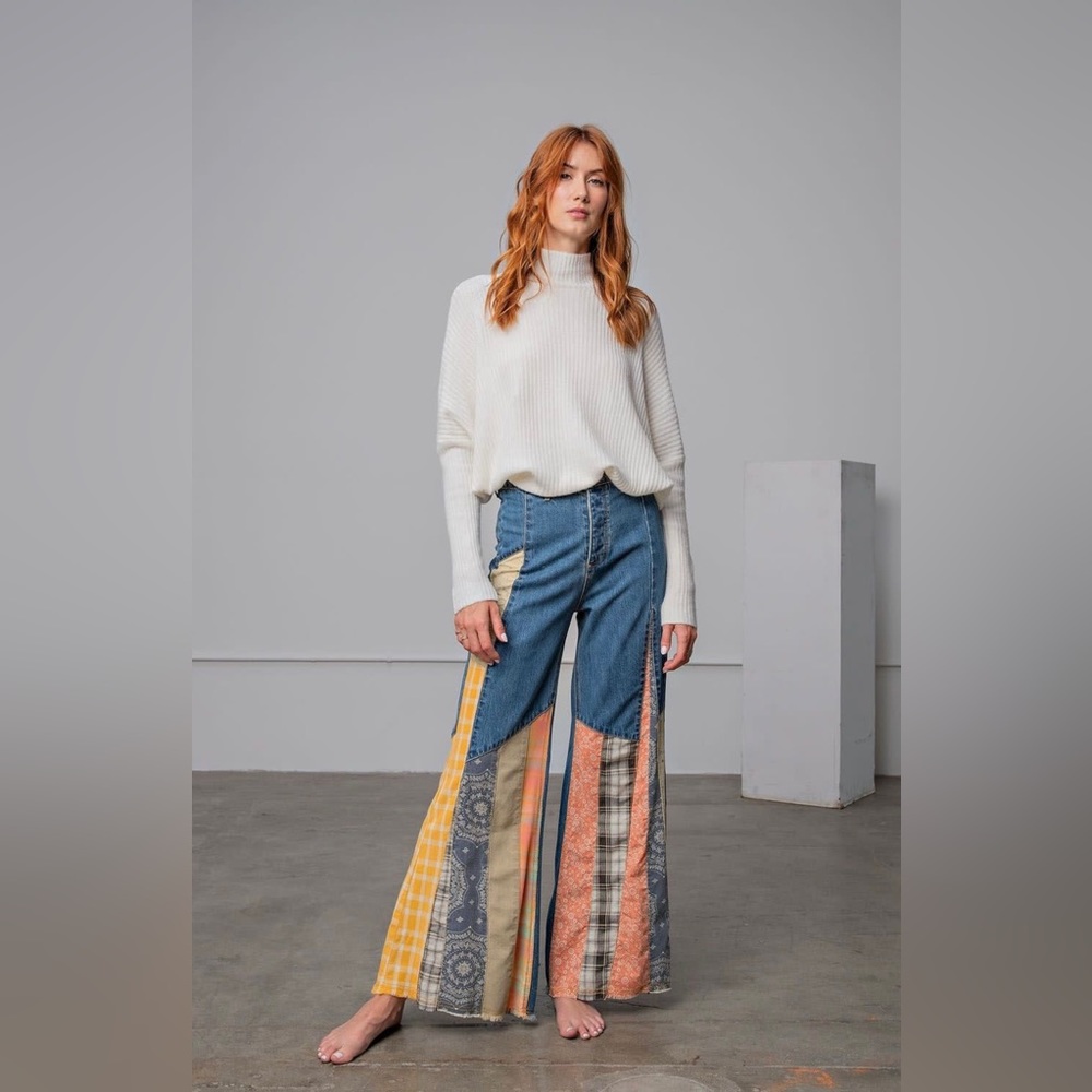 Easel Denim & Pastel Bandana Patchwork Bell Bottom Boho Festival Jeans sz M